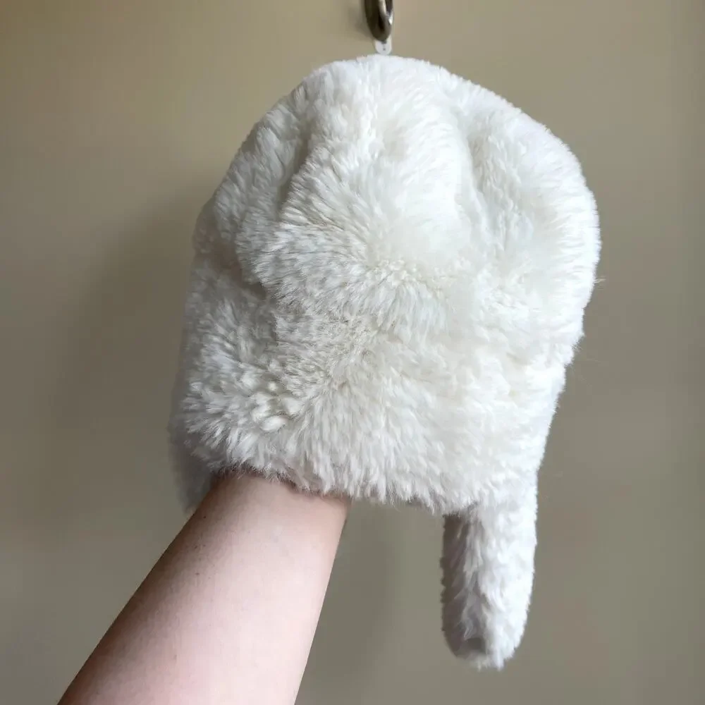 Anthropologie white faux fur ear flap winter hat women's statement piece warm OS